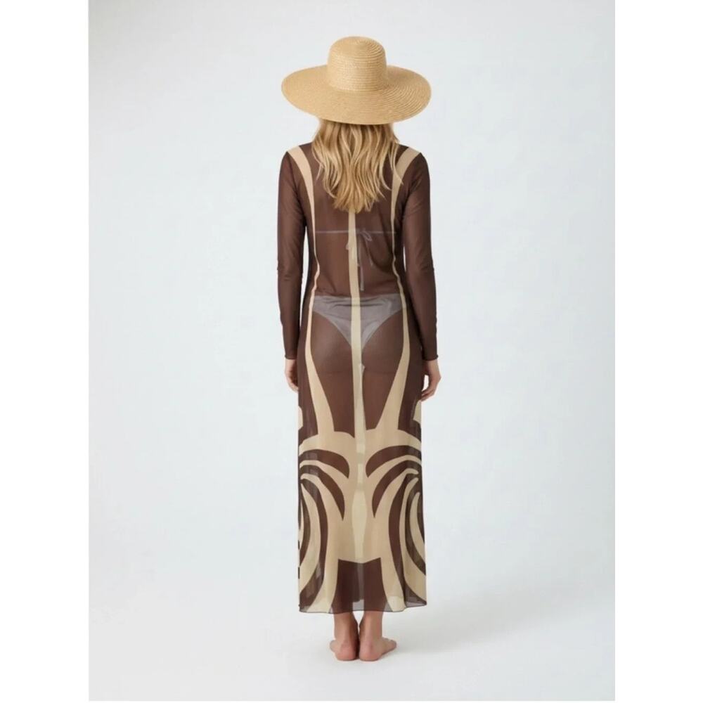 NWT Caroline Constas Brown Cover Up Maxi Dress Mesh Long Sleeve Sheer Beige M - Picture 2 of 9